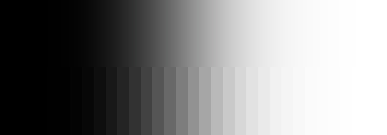 WrightColor Ramp output: a smooth greyscale ramp above a 33-step pattern